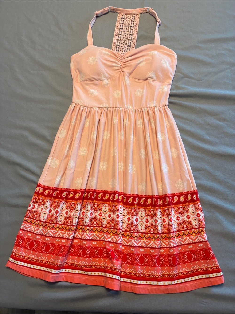 NOBO Pink Halter Sundress with Red Patterned Border